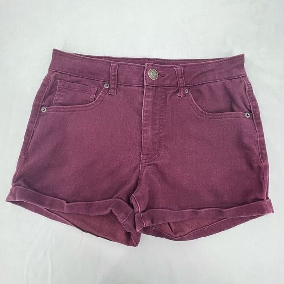 Aeropostale Burgundy High Waisted Midi 3” Inseam Soft Stretch Denim Shorts Sz 6 - Picture 1 of 5